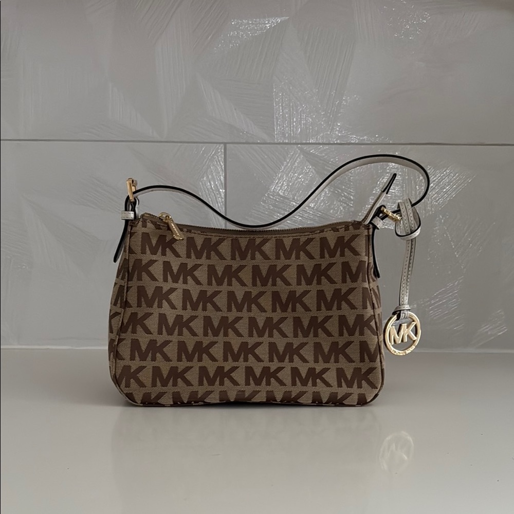 Michael Kors Brown Canvas Shoulder Bag with Gold Hardware